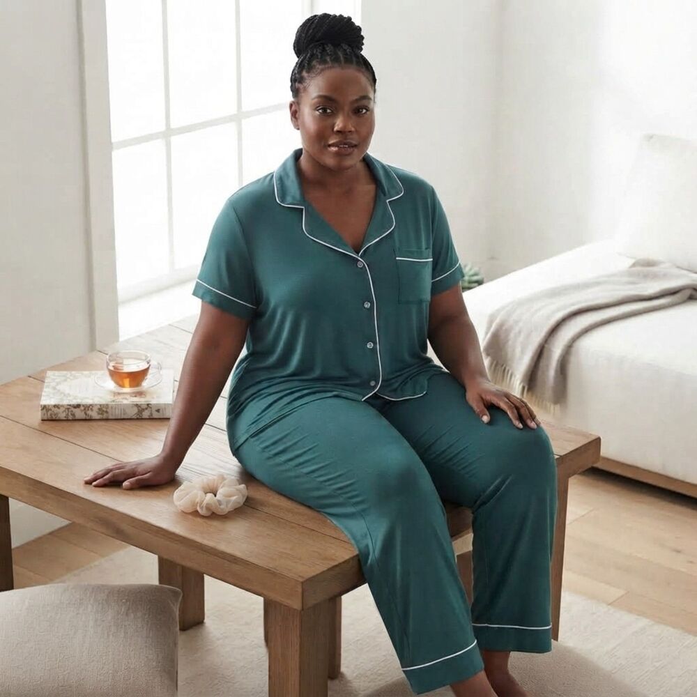 Joyspun Womens Plus Size 3X 22W-24W Teal Notch Collar PJ Set NWT